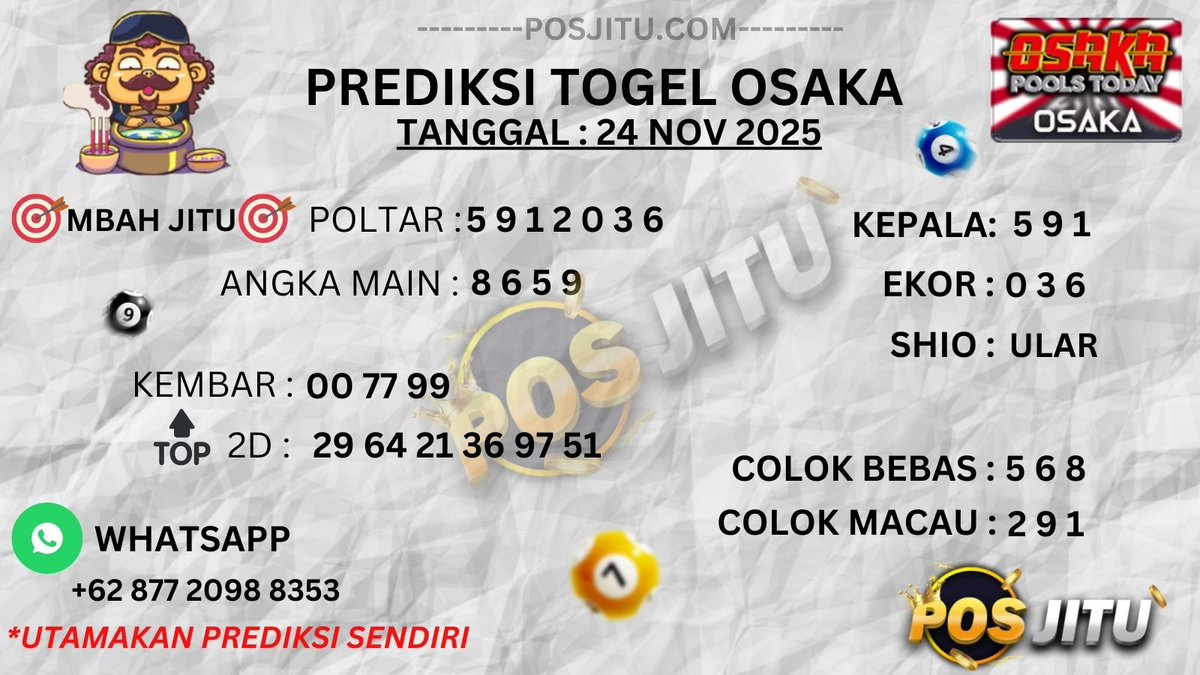 Posjitu168's tweet photo. PREDIKSI OSAKA, 24 November 2025 💥Minimal Deposit : 5.000 📷 JP BERAPAPUN DI BAYAR 📷https://t.co/wP7EXyI7ub #posjitu #prediksitogelmekah #bandartogelonlineterpercaya https://t.co/e30L645PQs