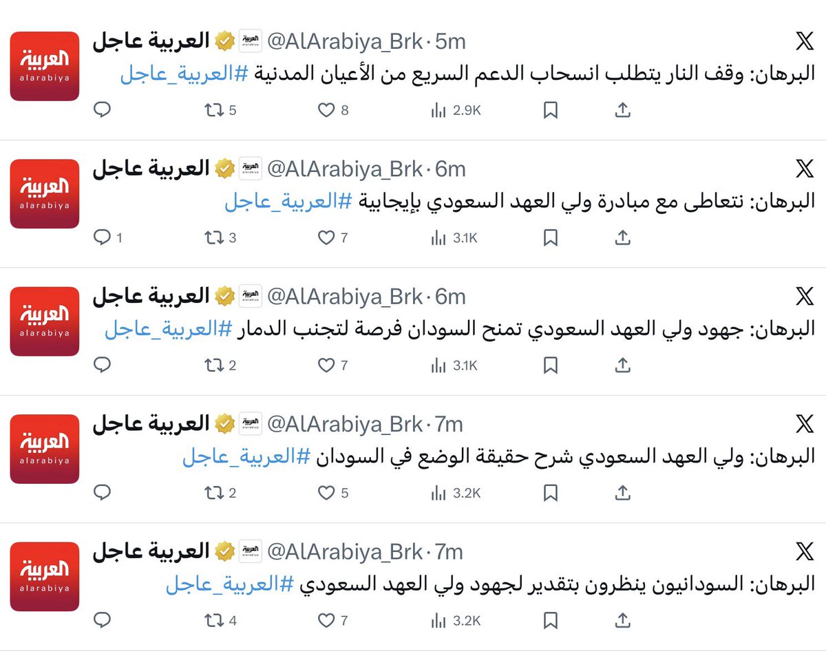 🇸🇩 السودان، البرهان يضع تصوره للمرحلة القادمه: 

- أساس الحل مبادرة سمو ولي العهد حفظه الله. 
- انسحاب الدعم السريع من المناطق المدنية. 

وقد تكون الخطوات القادمة:
فرض الامن في السودان
اعادة تأهيل الحكومة السودانية
تفكيك الميليشيات 
حصر السلاح بيد القوات المسلحة السودانية
إعادة