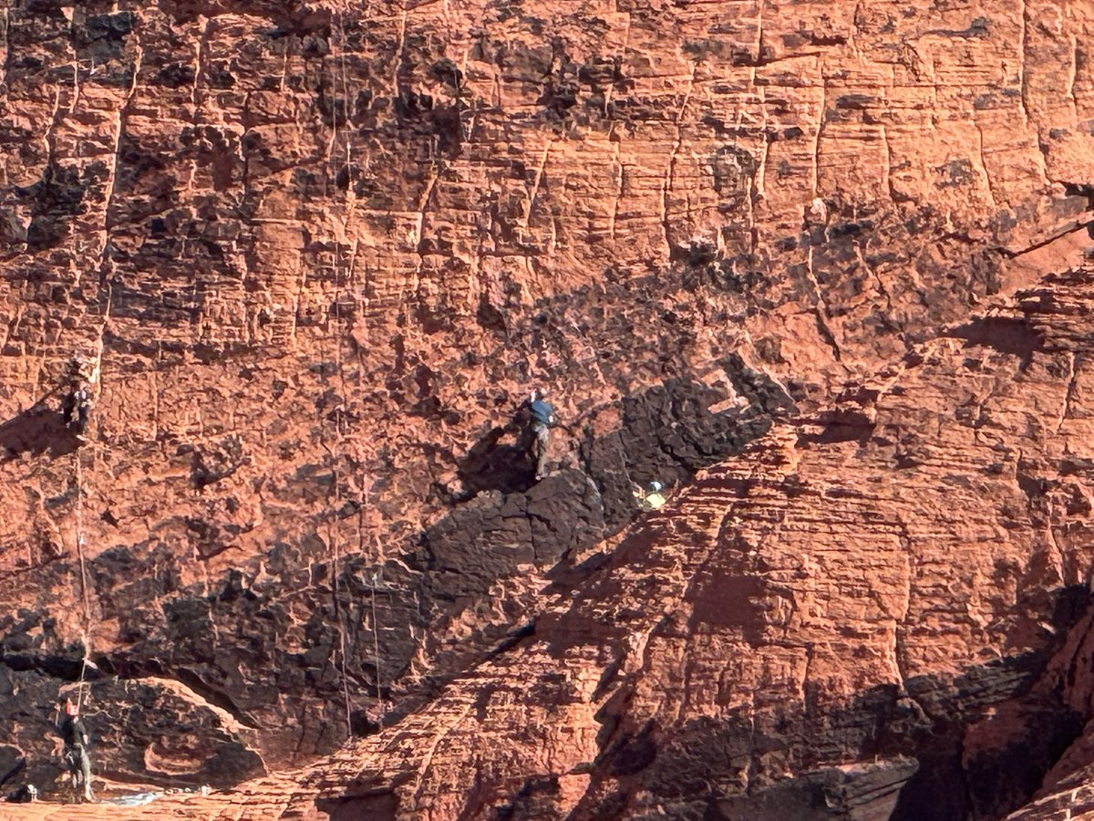 Red Rock Canyon today, with snow on the nearby mountains and climbers on the rocks!