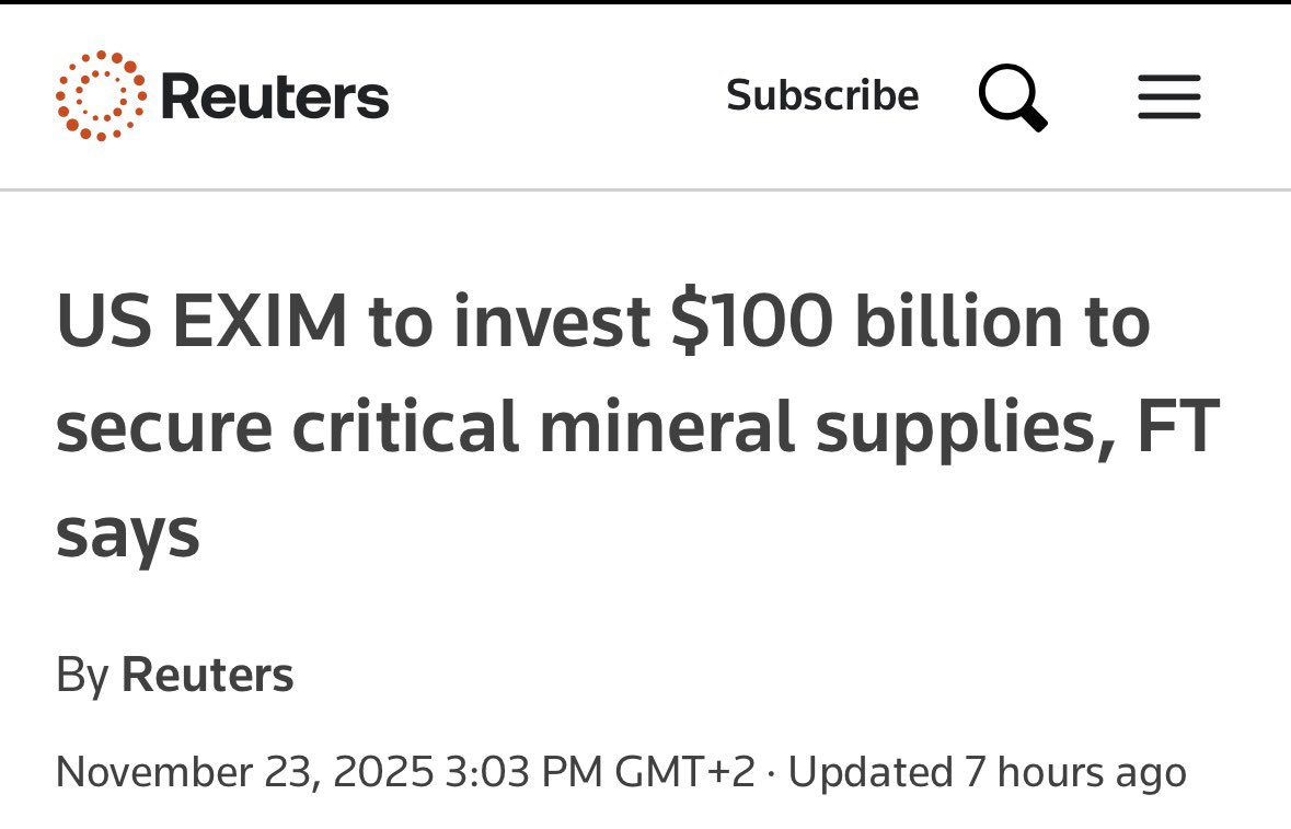 BidBird10's tweet image. Finally some meaningful amounts and not just some peanuts.

US Export-Import Bank will invest $100B to secure U.S. and allied supply chains for critical minerals, nuclear energy and liquefied natural gas, the organisation&apos;s chair John Jovanovic told in an interview published on…