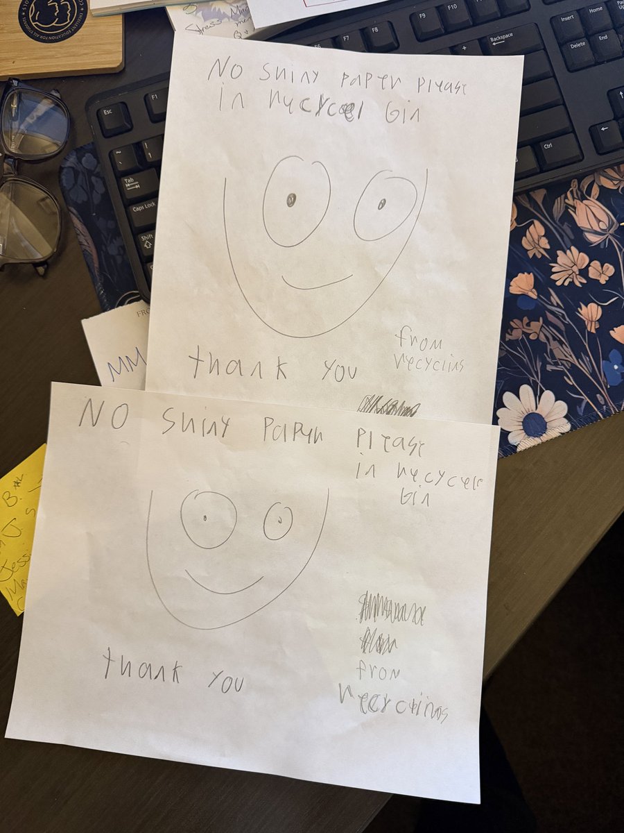 Kelly_Isenogle's tweet image. Another gift I found left on my desk this week…Our student recycling team has been concerned about the adults putting shiny paper in the recycling bins so they made signs for me to hang. I love them! #bestobeulah #cpsbest @BeulahRalphElem