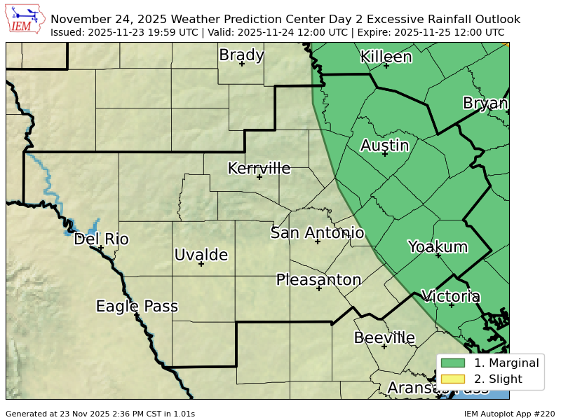 EWXBot's tweet image. WPC issues Day 2 Marginal Risk Excessive Rainfall Outlook at Nov 23, 19:59z for EWX wpc.ncep.noaa.gov/qpf/excessive_…