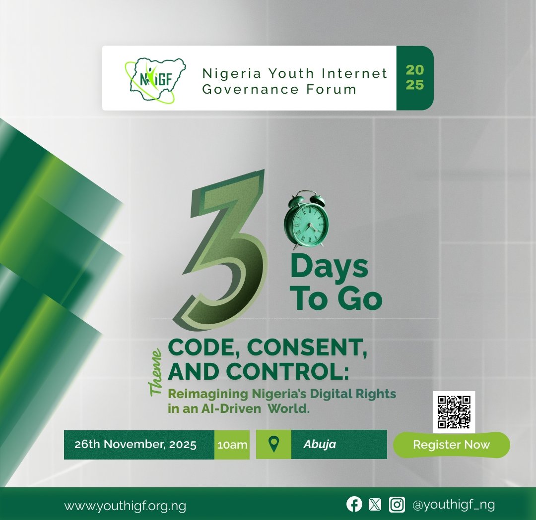 3 days to go! 😃

The countdown feels different when you know you’re part of something meaningful. 

We can’t wait for you to participate at NYIGF 2025.

Register here: ti.to/nyigf/2025

#NIGF #NYIGF #InternetGovernance
#DigitalTransformation #Abuja #Nigeria