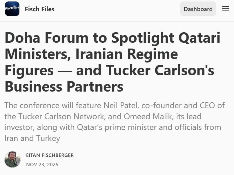 EFischberger's tweet image. Breaking: The upcoming Doha Forum will take place on December 6-7 and feature senior officials from Qatar, Iran, and Turkey, among others.

Their plan is to discuss diplomacy, global health, energy, and regional stability.

So why were Tucker Carlson&apos;s business partners invited?