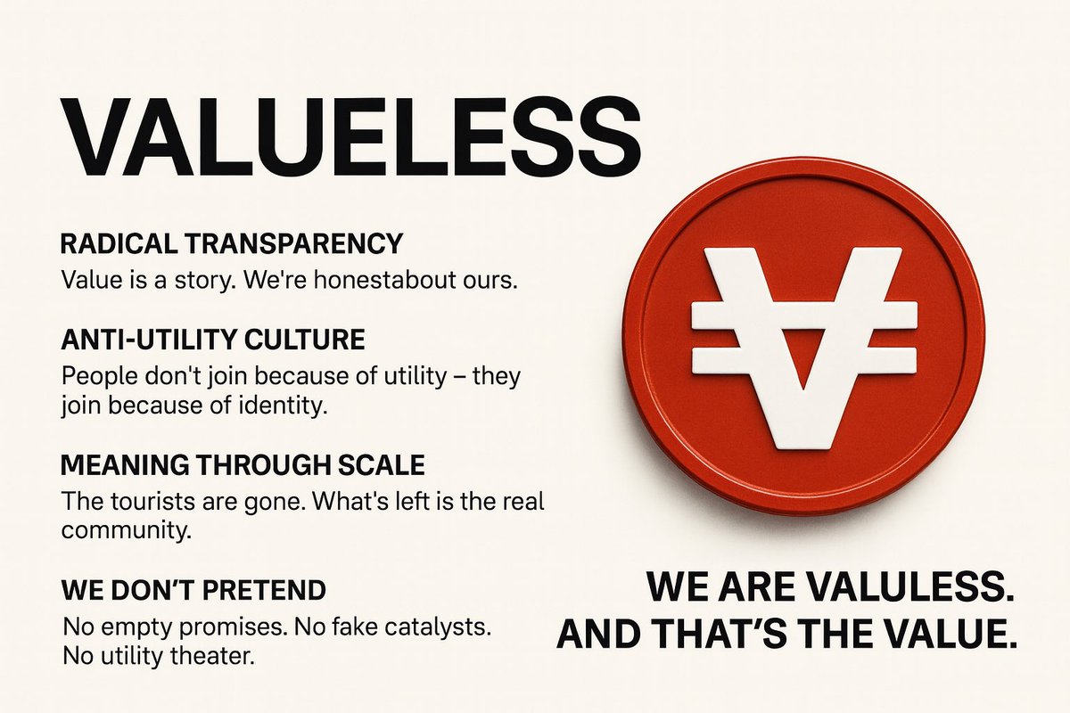 Valueless_zero's tweet image. VALUELESS

We don’t have a roadmap, but we do have a mission.

Most projects promise the world.

We promise nothing.

And somehow, that’s more honest than 99% of crypto.

(THREAD)