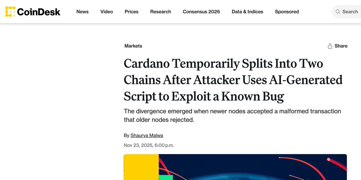 Web3Space_xyz's tweet image. Cardano literally got split in half because an AI script cooked its nodes 🤦‍♂️
One bad transaction and the whole chain just said “nah we don’t agree.”
Wild times for “robust” decentralization