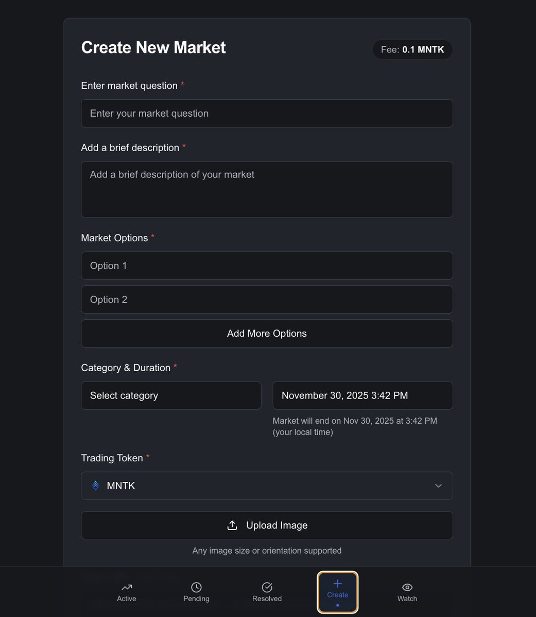 🔮 Got a prediction? Turn it into a market.
On Mántica, you create the questions the world trades on — news, tech, crypto, music drops, viral rumors, sports, anything.
It takes 30 seconds:
👉 Pick a question
👉 Add options
👉 Set the date
👉 Launch it to the world
Your foresight