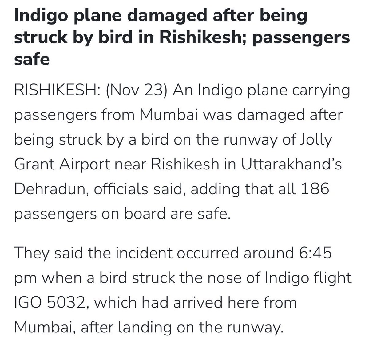 IndiGo plane damaged after being struck by bird in Rishikesh; passengers safe. #IndiGo #flight