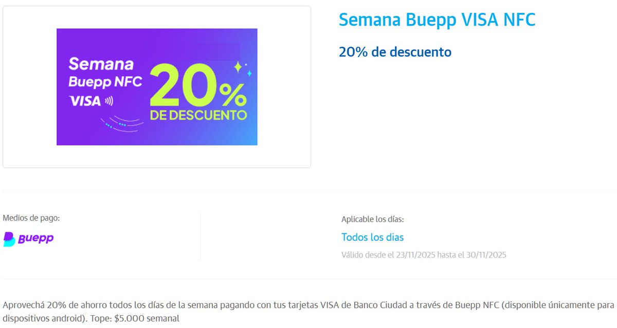 ahorrotwit's tweet photo. Volvió la #SemanaNFC pagando con @BueppOk 🤑

Tenés un 20% en todos tus pagos con tope de devolución de $5000 pagando desde la app con #Contacless hasta el Domingo próximo 🤯 https://t.co/QziC93uRPz