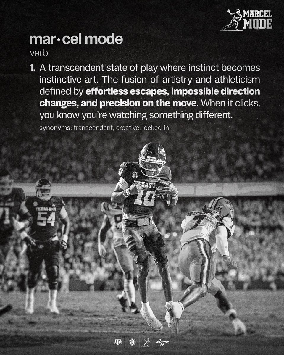 AggieFootball's tweet image. 𝗺𝗮𝗿·𝗰𝗲𝗹 𝗺𝗼𝗱𝗲

𝘷. transcendent, creative, locked-in

@Marcel10Reed x #MarcelMode