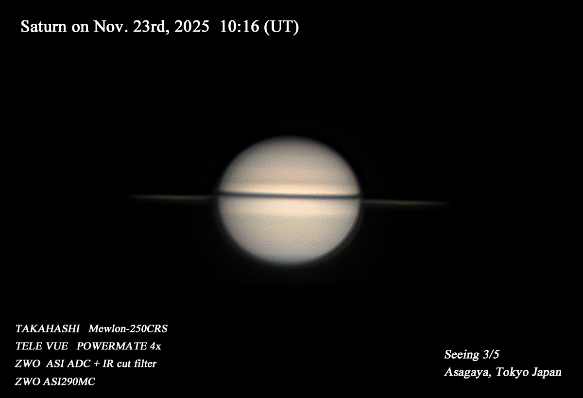 scope8219's tweet photo. 2025/11/23 (UT)  Saturn     Seeing 3/5　@ Asagaya, Tokyo Japan #Saturn #土星 https://t.co/atVL7p5gTT