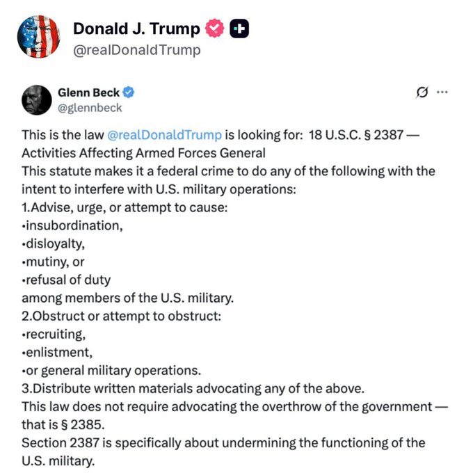 JUST IN: President Trump appears to suggest Senate and House Democrats violated 18 U.S.C. 2387, "Activities Affecting Armed Forces General" when they called for sedition by the military