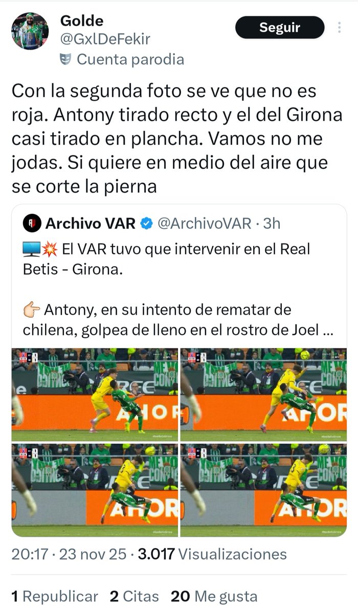 Jajajaja es que son los mejores,macho.
Hoy no es secundario que se lleve por delante la cara del otro jugador y "cómo vas a entrar con ese pie a esa altura"

ESPECIALITOS