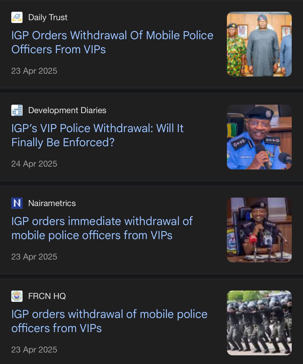 OneJoblessBoy's tweet photo. If you had a Dollar for the number of times Police officers have been ‘withdrawn from VIPs’ in Nigeria, how much will you have?

2020, 2023, 2024, 2025. Same gist. https://t.co/wNOxdbrNnD