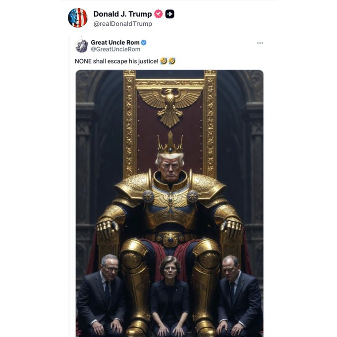 JUST IN: President Trump posts KING TRUMP with Chuck Schumer and other Democrats on their knees