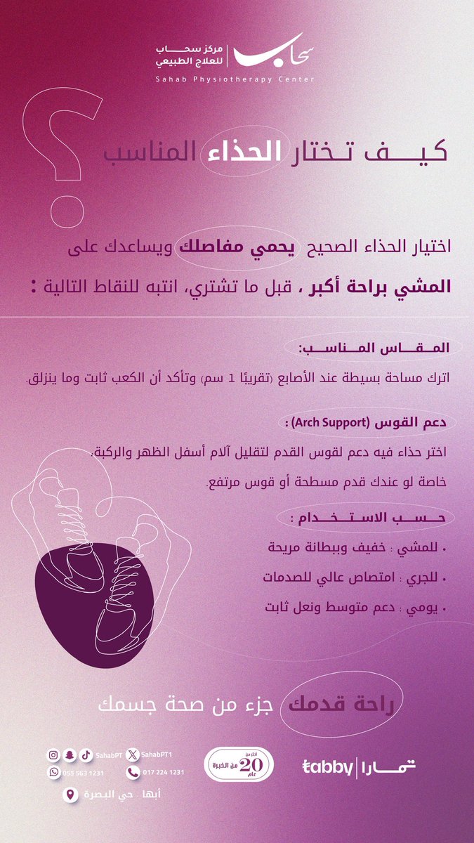 كيف تختار #الحذاء المناسب ؟ 👟💜✨

للحجز او الاستفسار : 

0172241231

0555631231

#أصابات_رياضية

#علاج_طبيعي | #القدم

#اصابات_ملاعب | 

#مركز_سحاب_للعلاج_الطبيعي | #ابها