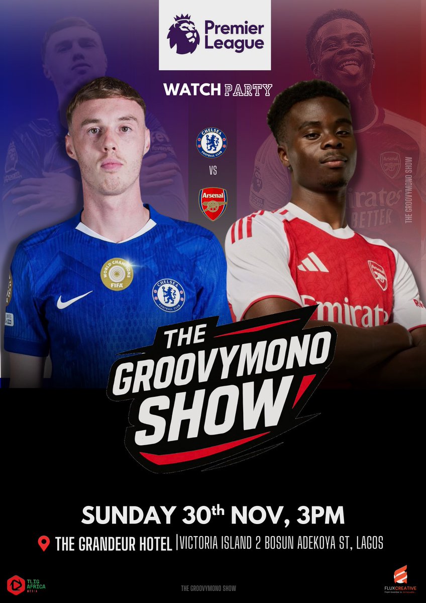 groovymono's tweet image. Guys I’m hosting the biggest game of the month. Chelsea vs Arsenal on the 30th of this month. FREE ENTRY 🔥

Register to attend: groovymonoshow.com