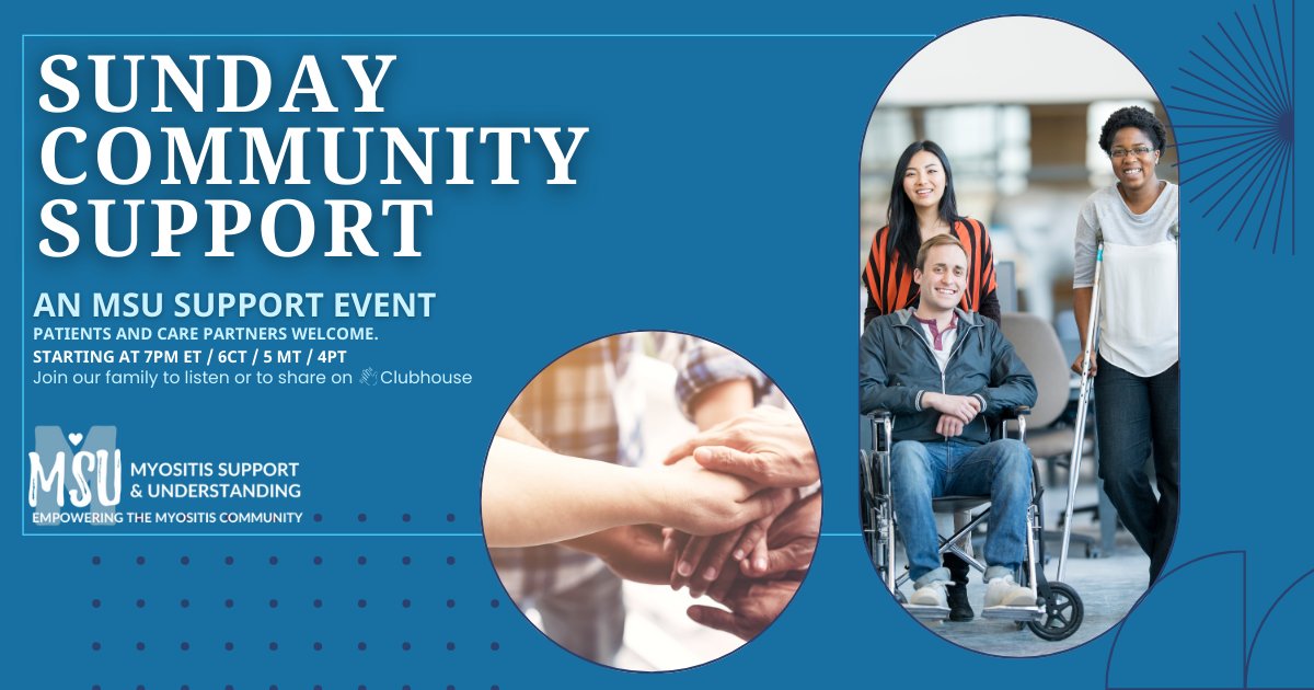MyositisSupport's tweet image. From the Heart Support TODAY on Clubhouse! Support &amp;amp; connect w/ your #myositis family! Join us on Clubhouse today and every Sunday at 7 PM ET / 6 CT / 5 MT / 4 PT - Come as you are. Learn more and join Clubhouse at understandingmyositis.org/event/myositis…   #myositissupport #MSU
