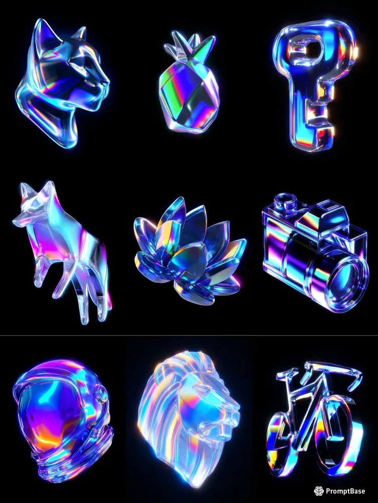 promptbase's tweet image. 3D Holographic Chrome Objects by promptplazastore using Midjourney 🔮
