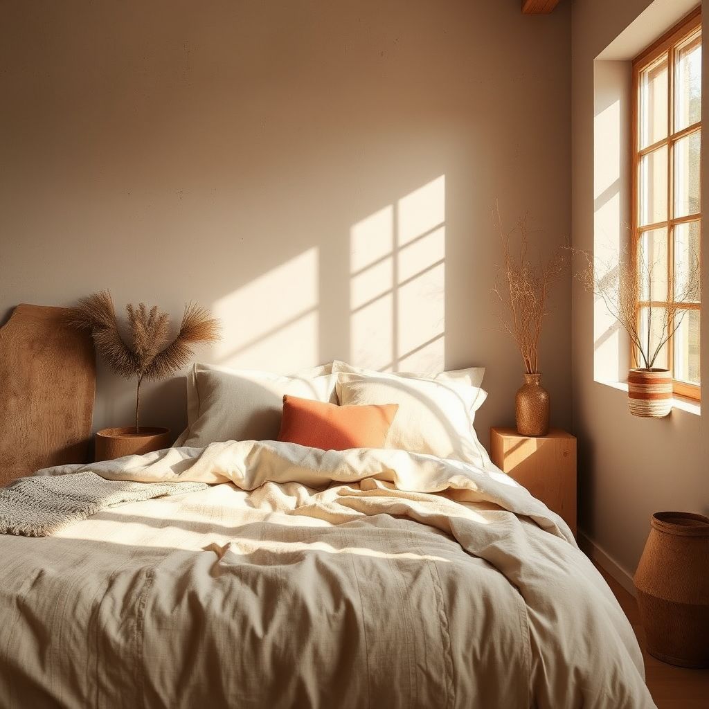 cozyessential07's tweet image. A warm bedroom featuring earthy tones, linen bedding, clay accents, natural wood textures, and soft sunlight.

Hashtags: #OrganicModern #EarthyDecor #NaturalInteriors #EcoHome #BedroomInspiration #WarmNeutrals #NatureInspiredDesign #CozyAesthetic #SustainableDecor #CalmSpaces