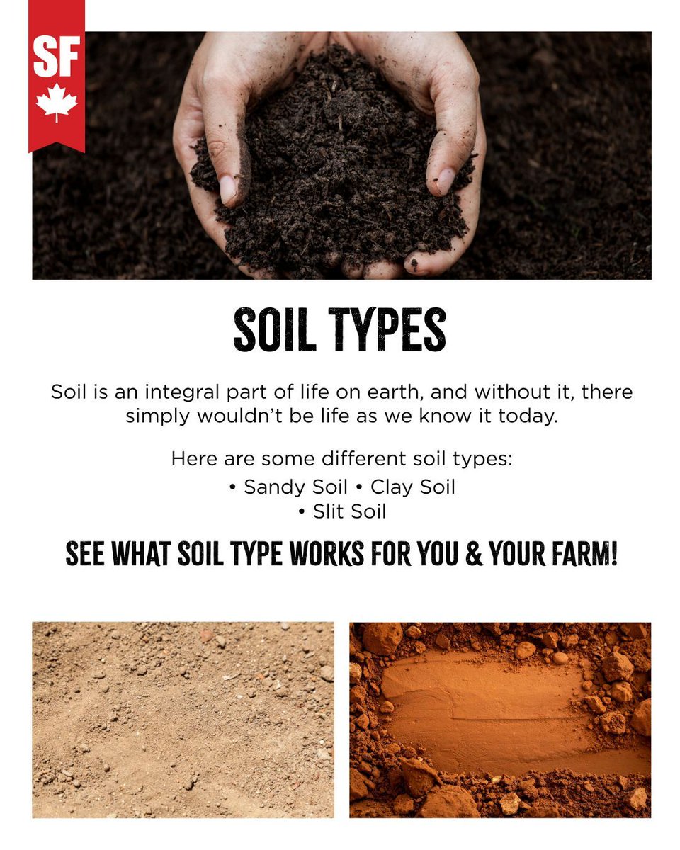 Soil Types 

While most people just call it “dirt”, there are several different types of soil, each with a different composition. 

Check out all the different kinds ⤵️

smallfarmcanada.ca/resources/soil… 

#Resource