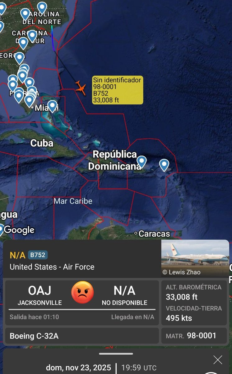 Arr3ch0's tweet image. Fuerza Aérea 🇺🇲 C-32A 98-0001 activo desde Jacksonville (OAJ) en dirección Sureste.