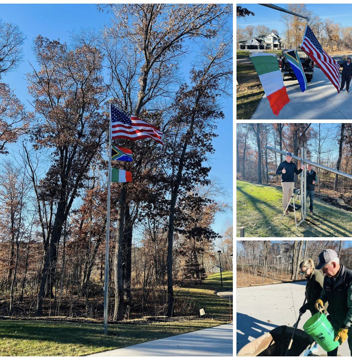 JVR_Paul's tweet photo. Amy’s dad worked on this project a long time. The flag pole went up today and because of my beloved @Springboks I got dibs for the South-African flag in 1st place below the USA flag! 

And of course my fiancé’s Irish is at the bottom.  
BOKKE, keep it up! https://t.co/bGBA15DY6e