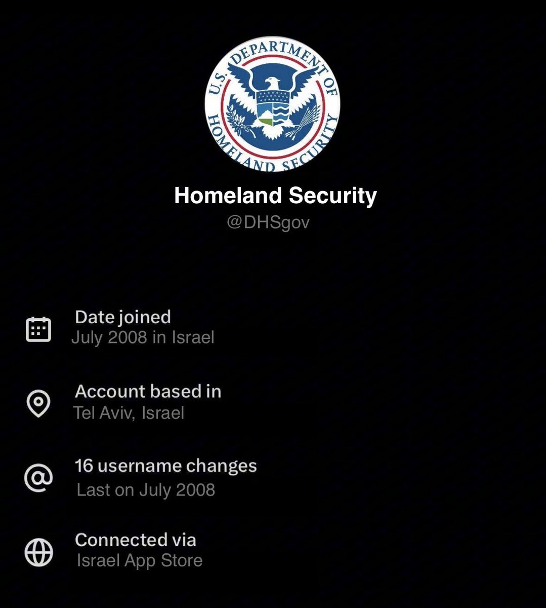 gotzmann1933's tweet photo. El @DHSgov con una cuenta con sede en Israel, curioso cuanto menos.

Sabido es que los J gobiernan Estados Unidos desde su fundación. https://t.co/589DktTOkT