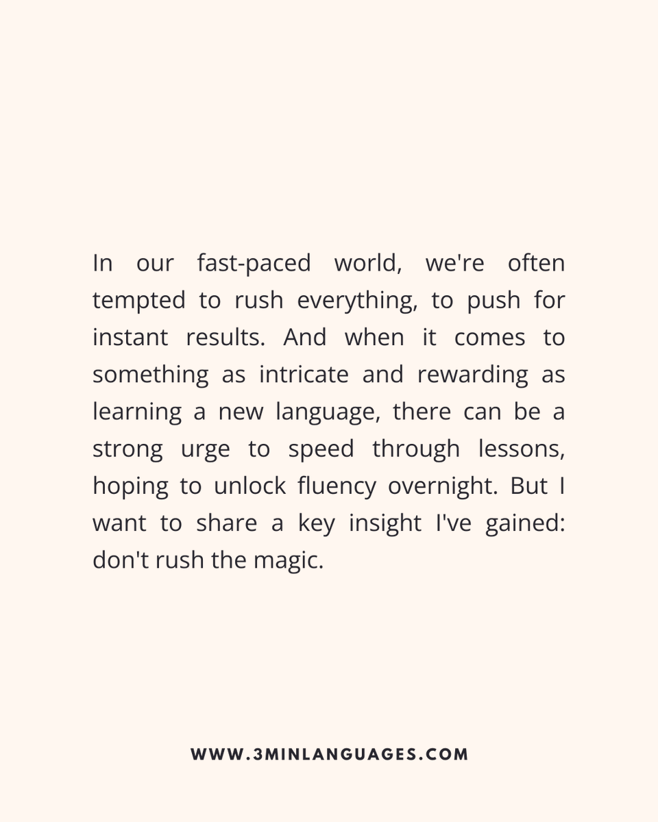 3MLanguages's tweet image. Don’t rush the magic.
 Show up slowly and often.
 👉 Grow steadily: 3minlanguages.com

#3MinuteLanguages #StudyIn3 #LanguageLearning #MicroLearning #Consistency #LearnFrench #LearnSpanish #LearnGerman #LearnItalian #LearnPortuguese