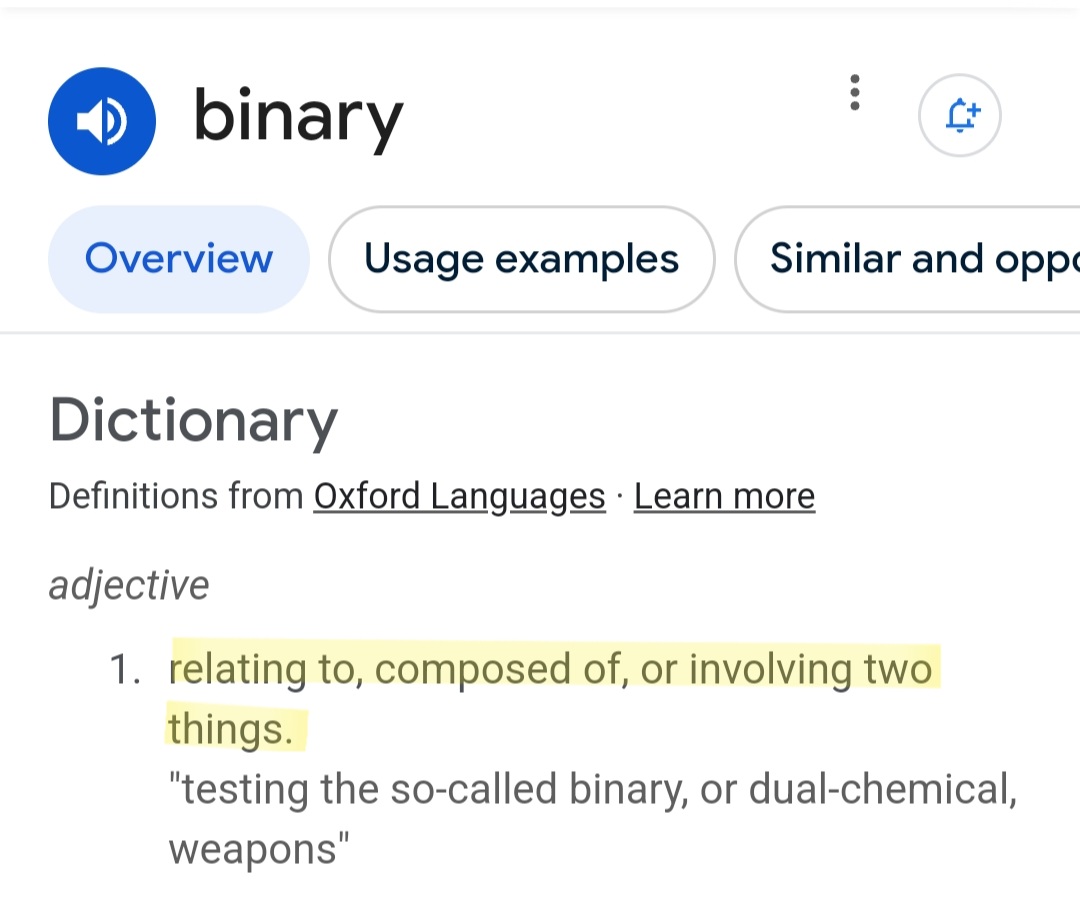 One_Supernova's tweet image. Binary means two.

There are two sexes:
-Male
-Female

The number of sexes is binary.

If sexes were not binary, there would be a third, fourth, or fifth one, etc.