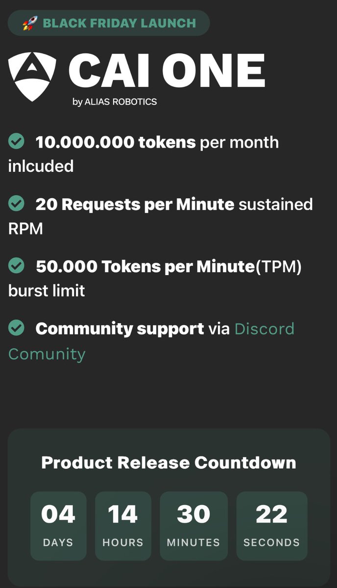 AliasRobotics's tweet image. Weekend check-in for #HackFriday

#CAIONE is our new, more accessible cybersecurity analysis service powered by #alias1 and designed for technical users who asked for a lighter, simpler entry point.

Pre-reservations remain open 👉 aliasrobotics.com/black-friday.p…

#BlackFriday