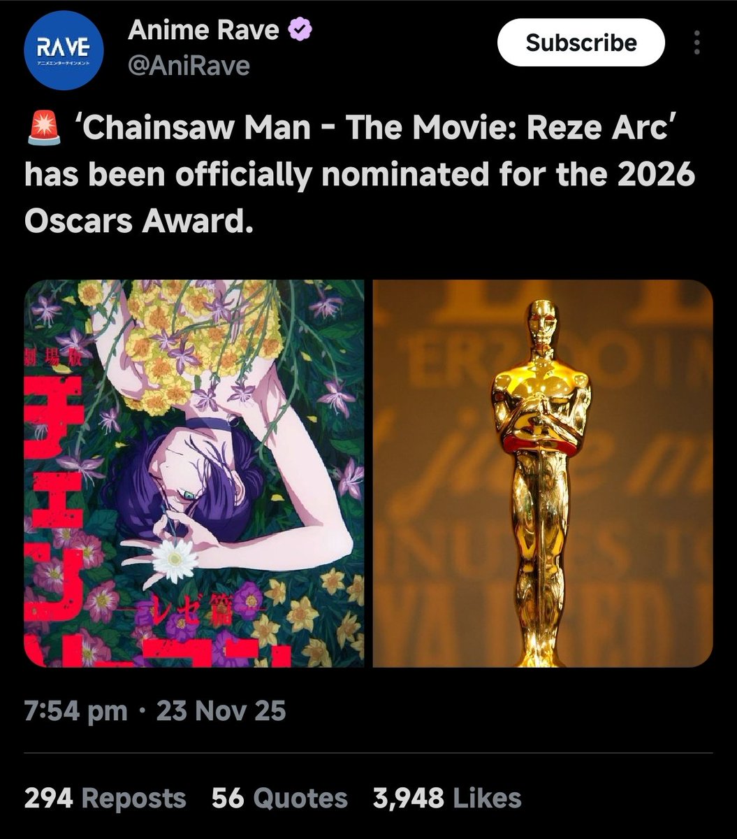 Notice how Tsumi’s repost accounts can’t make a single tweet without spreading misinformation?

Chainsaw Man is simply on an eligibility list, the same one dozens of animated films are on. But of course, they will tell you that Fujimoto already has the Oscar in his hand.