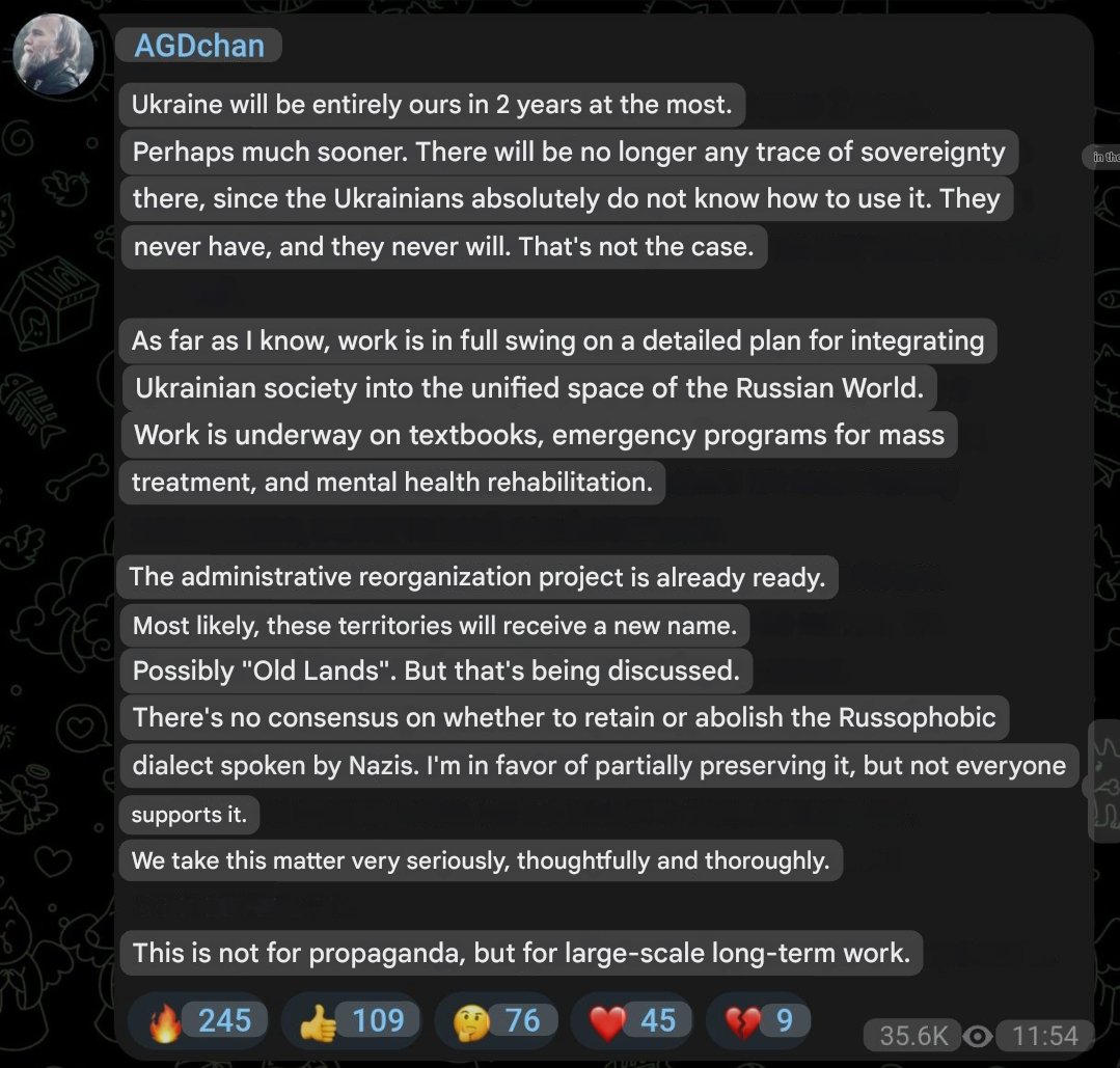 BohuslavskaKate's tweet image. The post is from Alexander Dugin in telegram, the Kremlin&apos;s chief ideologue, a self-proclaimed &quot;intellectual,&quot; a prominent russian nazi, and a happy father.

​The post was written today.