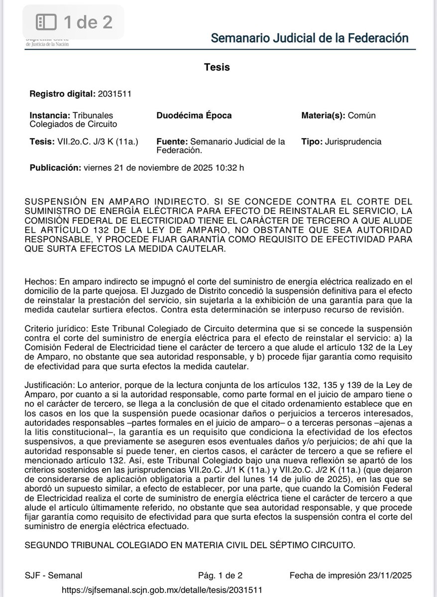 veroosornio's tweet photo. En el #juiciodeamparo en el que se reclama el corte del suministro de energía eléctrica realizado en el domicilio de la parte quejosa y se concede la suspensión definitiva para el efecto de reinstalar la prestación del servicio

👉🏻la CFE tiene el carácter de tercero, no obstante que sea autoridad responsable y procede fijar garantía.

#encolegiados