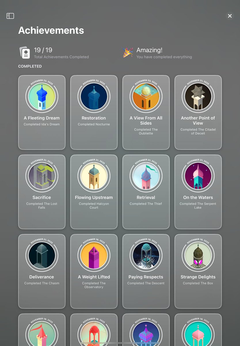 HUKU117's tweet image. Monument Valley+ (Apple Arcade - iOS) 100% Complete

Cool architecture puzzle game.

#AppleAchievement #iOS #AppleArcade #MonumentValleyPlus #UstwoGames #Puzzle #AdventureGame