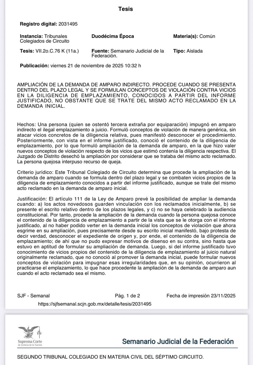 veroosornio's tweet photo. Increíble que exista la necesidad de estos criterios:

👉🏻 procede la ampliación de la #demandadeamparo cuando se formula dentro del plazo legal y se combaten vicios propios de la diligencia de emplazamiento conocidos a partir del informe justificado, aunque se trate del mismo acto reclamado en la demanda de amparo inicial.