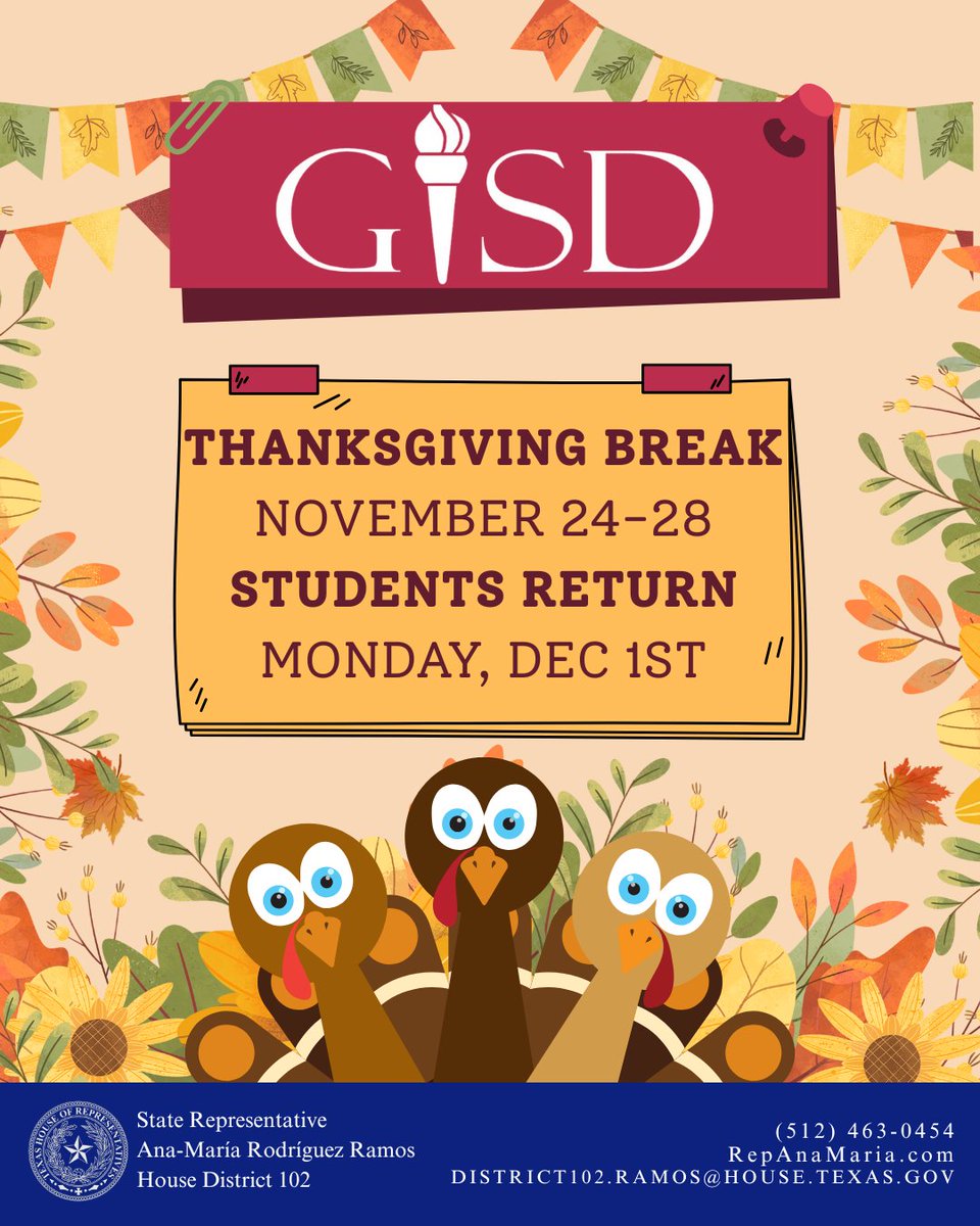 Ramos4Texas's tweet photo. 🍁 I’m wishing all of our Dallas, Richardson, and Garland ISD families a happy Thanksgiving break! 🦃 I hope you have a wonderful time with friends and family, safe travels, and a restful break. #HD102 https://t.co/BJxBUkt7eS