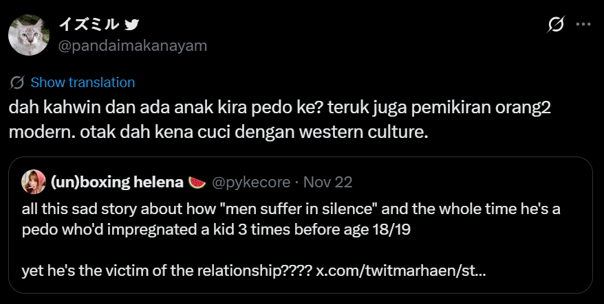 azrulmohdkhalib's tweet photo. Paedophilia is still paedophilia, and the perp is a paedophile.

You cannot use marriage and/or pregnancy to legitimise something which is wrong.

A child is a child. Nothing to do with western culture.

Get a grip. https://t.co/rV0mXKfkBF