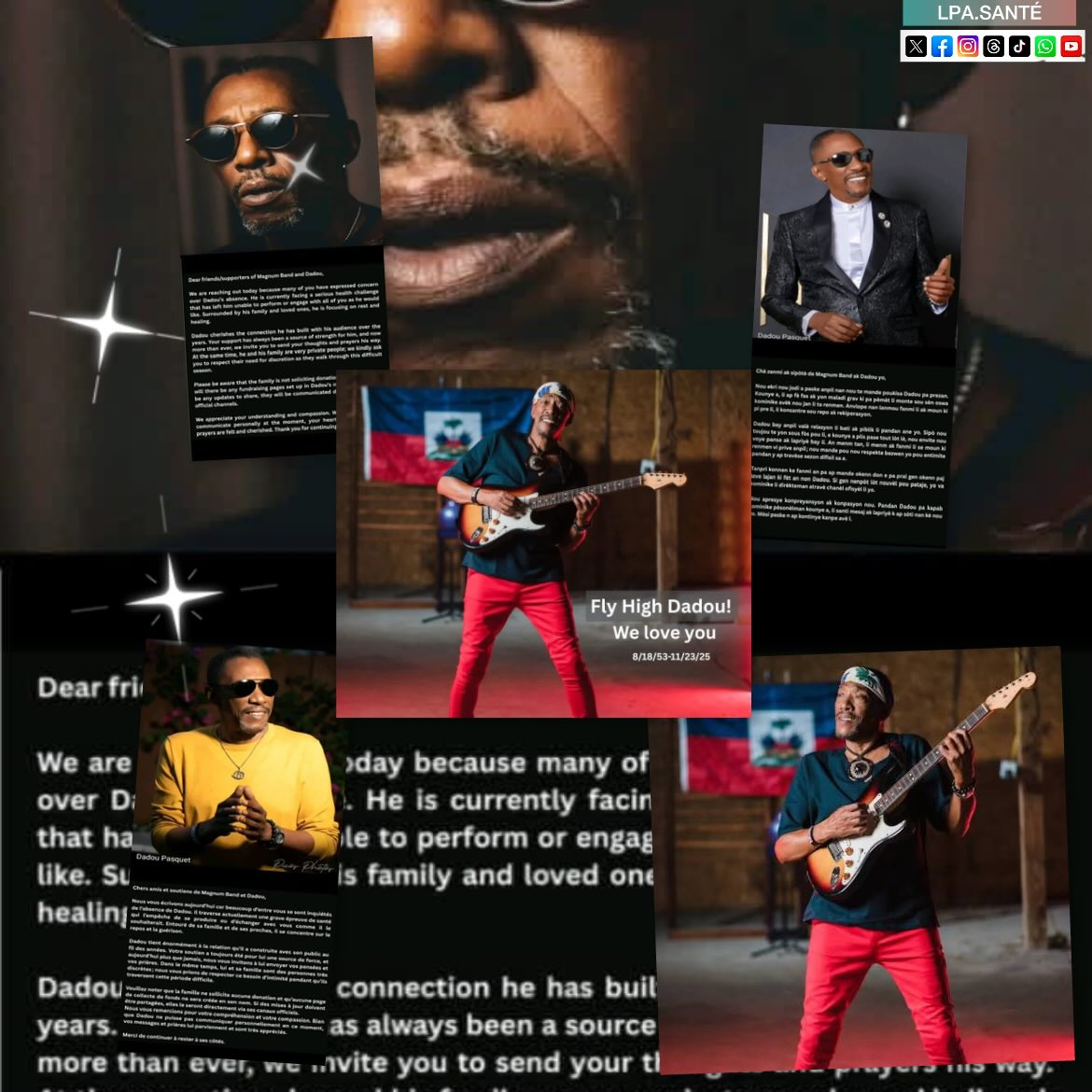 lpasante's tweet photo. 🚨🚨
19 août 1953– 23 Novembre 2025 🎸
Dadou Pasquet, figure emblématique de la musique haïtienne, défenseur acharné du konpa, Tabou Combo(1970), Magnum Band (1976-2025), il vient de rendre son dernier souffle des suites d’1 maladie contre laquelle il luttait.
#Flyhightlégende🕊️ https://t.co/ed91ocz7Rw