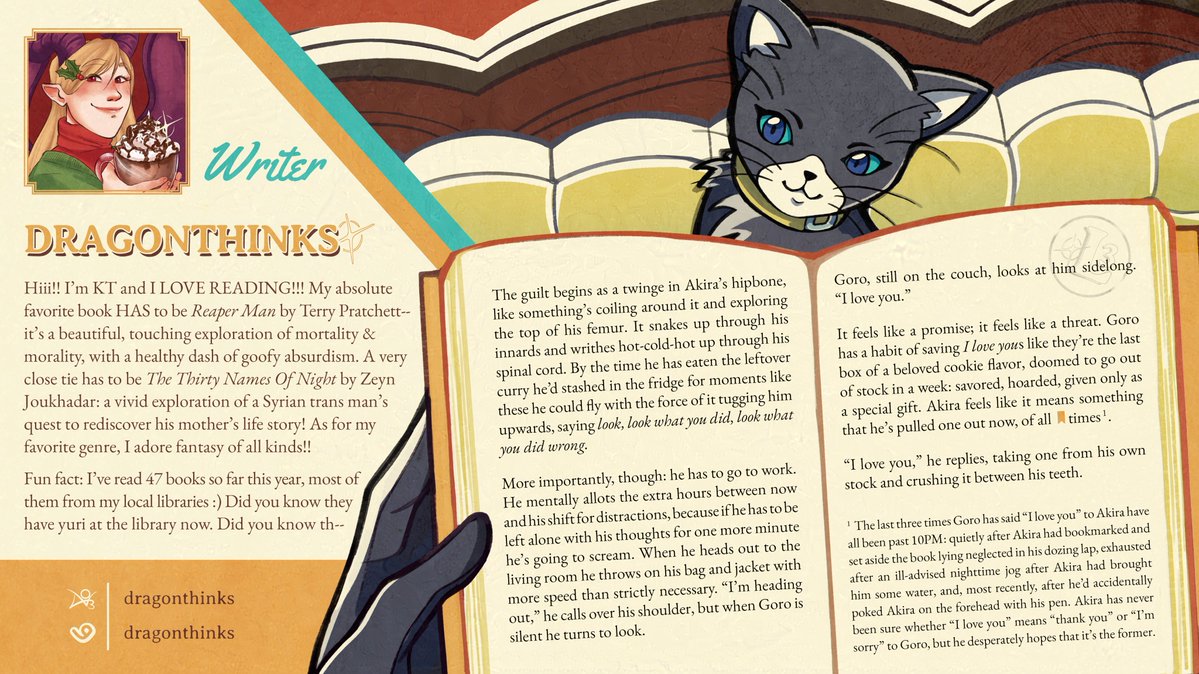 l3writerszine's tweet image. 📝 OUR LIBRARIANS! ✨

Up next for our writers is Dragonthinks! With her library-worth knowledge of fantasy books, we&apos;re thrilled to have KT&apos;s story on our shelves!

#L3Librarians