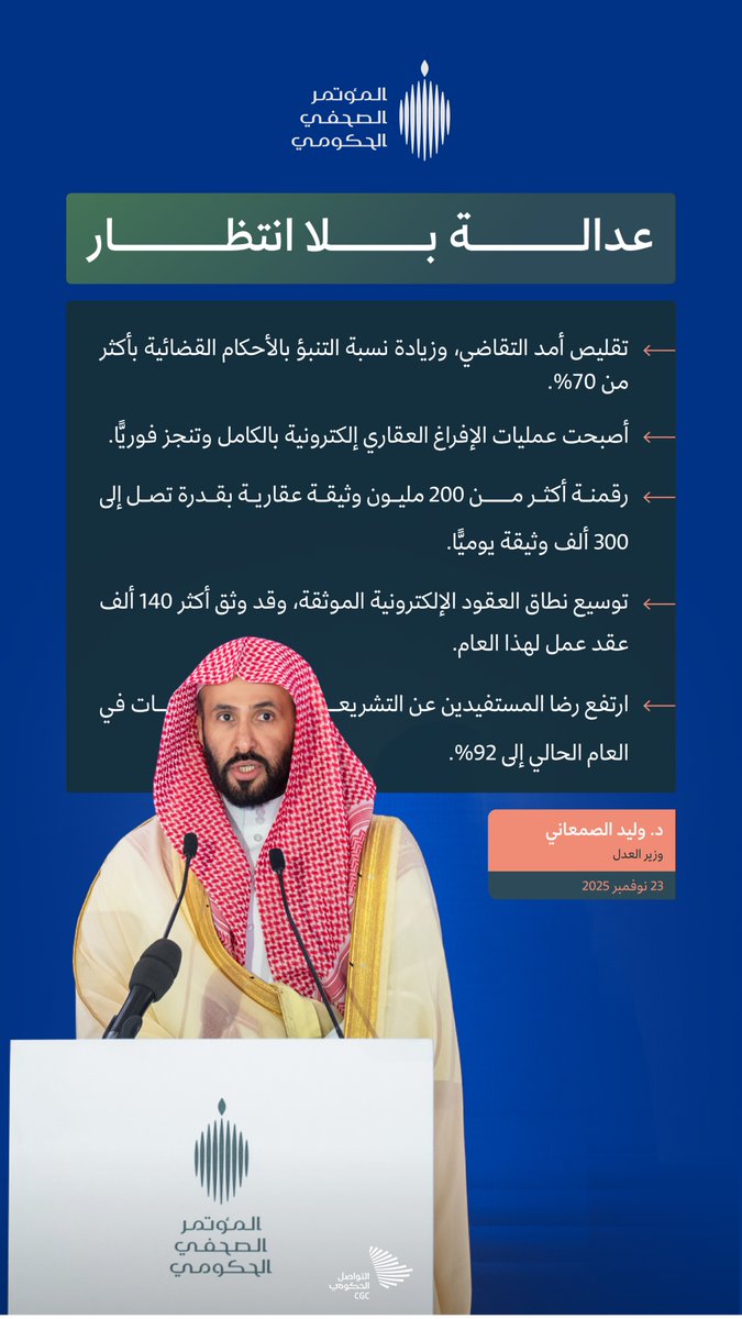 "العدالة في المملكة أقرب إلى المستفيد، وأعلى كفاءة، وأكثر وضوحًا"؛ وزير العدل خلال المؤتمر الصحفي الحكومي.