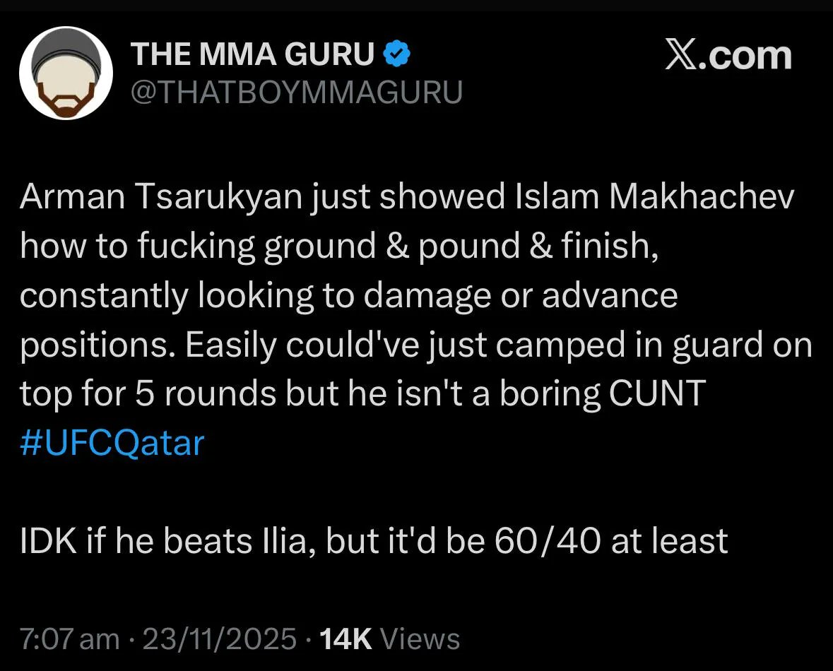 FightFanatic_'s tweet image. Why does MMA GURU hate Islam this much? 😭 I genuinely don’t get it… who’s his favorite fighter supposed to be??

#UFCQatar #MMATwitter