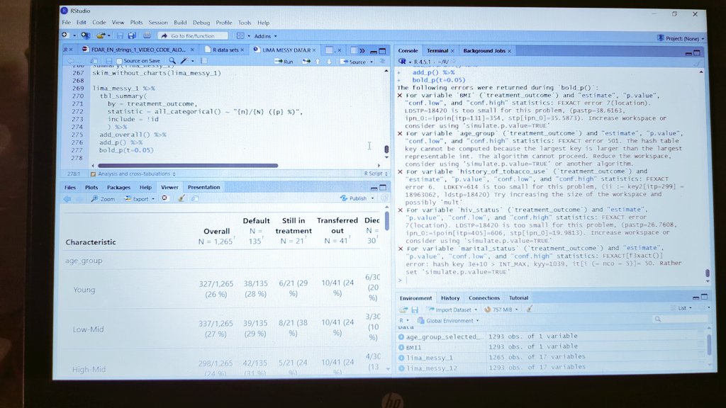 Jaydon225's tweet photo. Just spent roughly four hours writing nearly 300 lines of code to load, clean, and perform descriptives on a messy data set in R. 😬
I still feel like I'm slow (wanna be able to do this in an hour), but I'm gradually building momentum and speed. ✊🏾 #RStudio https://t.co/TlVjoLADoK