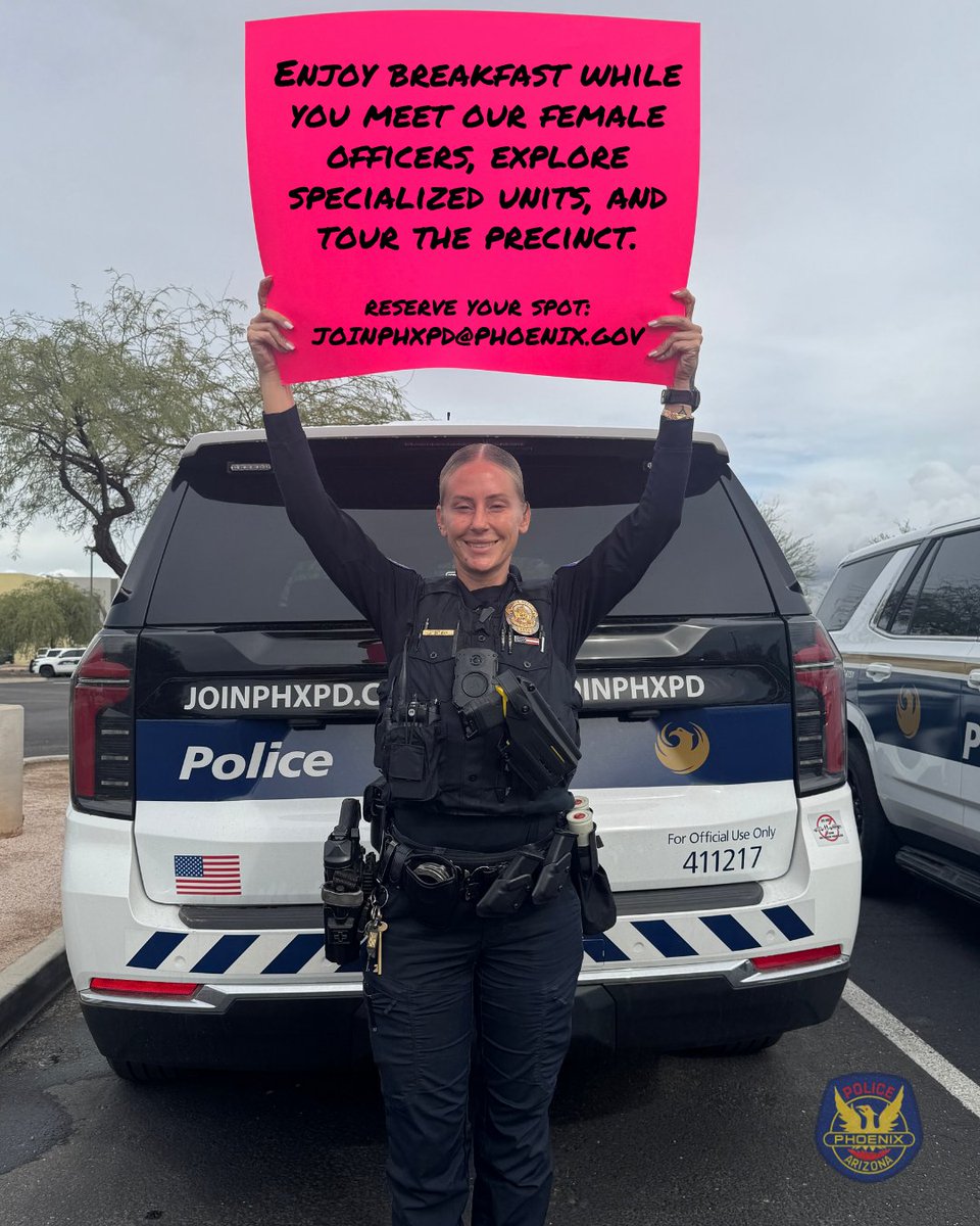 👮‍♀️ Career Conversations: Women within PHXPD

Join us for a special breakfast meet-and-greet with our officers. Hear real stories about balancing a career and family life, specialized units, and a quick precinct tour!

📧 Email JOINPHXPD@phoenix.gov to reserve your spot!