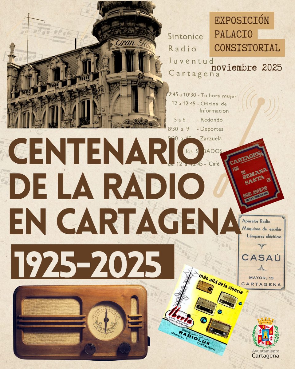 📻#Cartagena conmemora un siglo de radio con una exposición en el Palacio Consistorial.

📆 Ven a la inauguración este lunes, 24 de noviembre.

⏰ 17:30 horas

🎭Habrá una representación teatral de la primera emisión.

🌐Todos los detalles en cartagena.es/detalle_notici…