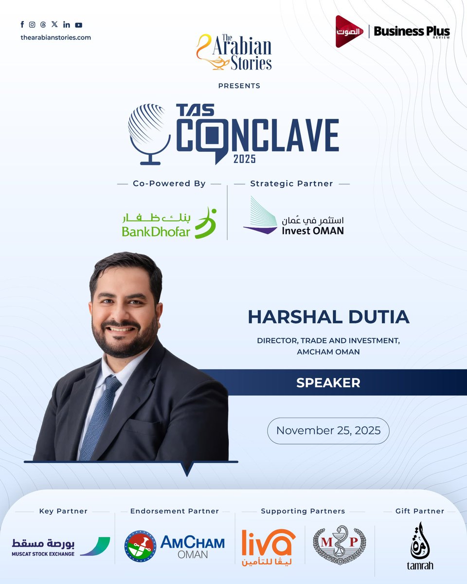 arabian_stories's tweet photo. Harshal Dutia, Director of Trade and Investment at @oabcoman, joins the speaker lineup at TAS Conclave 2025 to share insights on strengthening bilateral business growth and investment opportunities.

#ProgressingBeyondBarriers
#TASConclave2025 https://t.co/uQpXoRmeSl