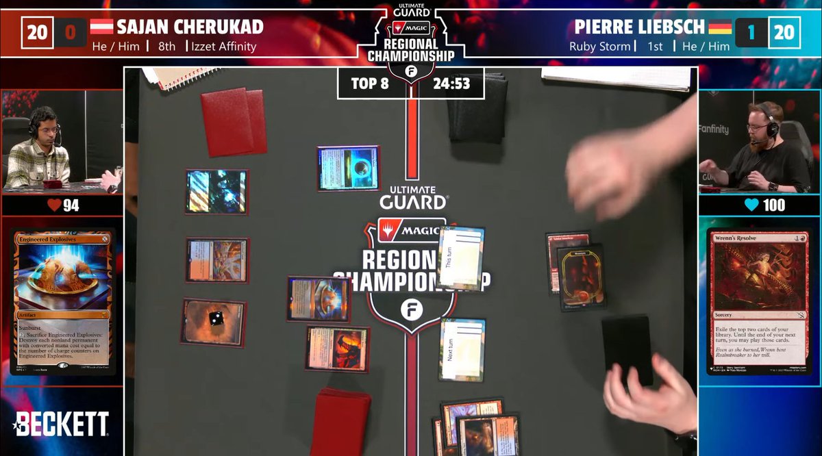 Game one of the first round of the Top 8 at the Ultimate Guard EMS Regional Championship Antwerp, goes to Pierre Liebsch on Ruby Storm. 

Can Sajan Cherukad with Izzet Affinity weather this storm and turn the game around, or will he fall to another barrage of grapeshots?!?