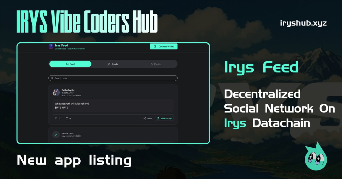 irys_hub's tweet photo. Irys Feed is now at Hub 🌍

Powered by @pranaytrades, Irys Feed is an decentralized social layer built entirely on the @irys_xyz Datachain.  

Users can connect their wallet, post instantly, and store all content permanently 🛡️

Learn more at IrysHub → https://t.co/yqrU3EUk3n https://t.co/bJehQNGXWU