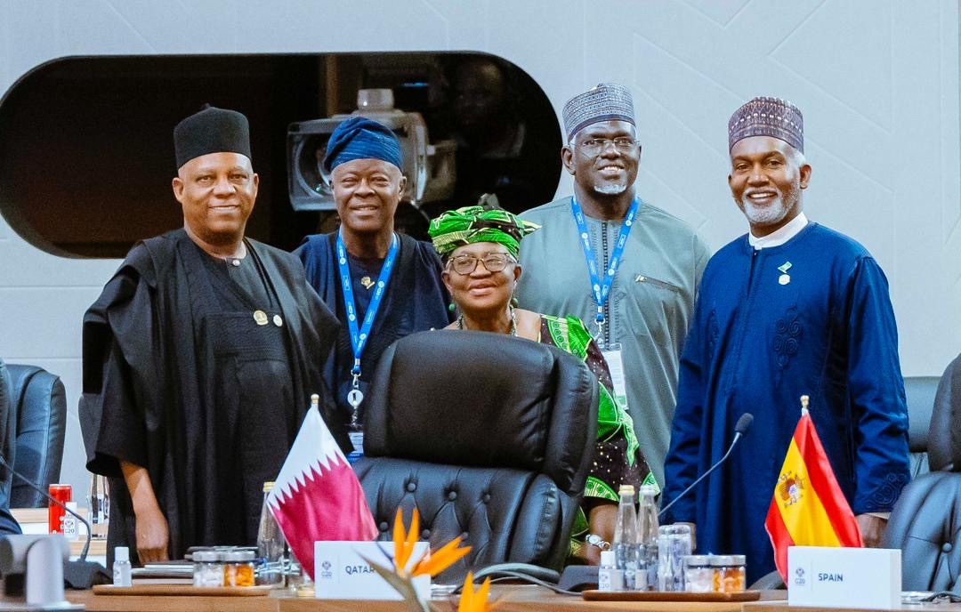 NTANewsNow's tweet image. Vice President Kashim Shettima, Minster of Finance, Mr Wale Edun, Director-General, World Trade Organization, Dr. Ngozi Okonjo-Iweala, Director, Global Institution Fed Ministry of Foreign Affairs,Amb BB Hamman and Minster of Foreign Affairs, Amb Yusuf Maitama Tuggar during the…