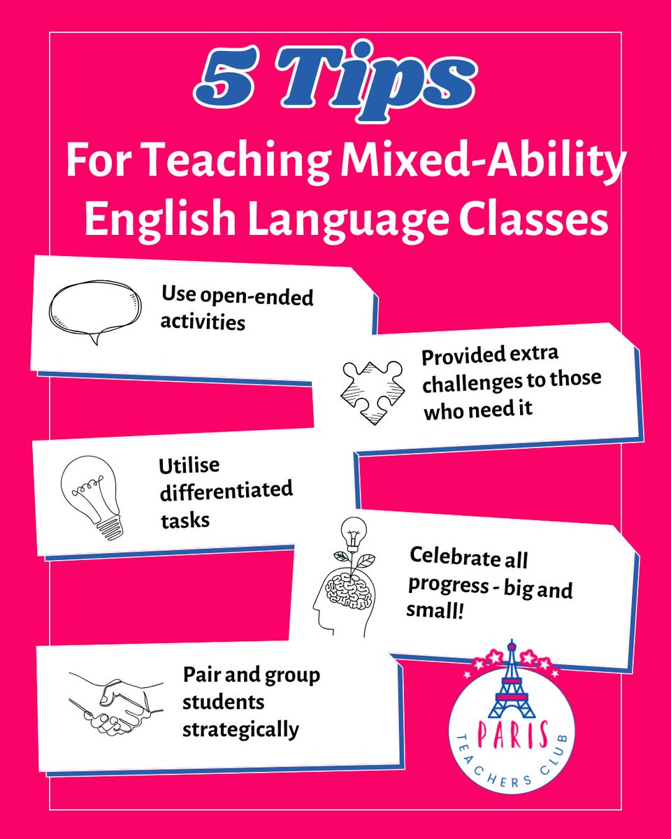 paristeachers's tweet image. ✏️ 🍎 🧵 If you’ve ever stood in front of a group of ESL learners and realized that some students are fluent conversationalists while others are still figuring out basic introductions, you’ve taught a mixed-ability class...